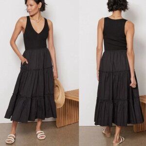 Evereve Arya Mixed Media Black Tiered Maxi Dress XL NEW